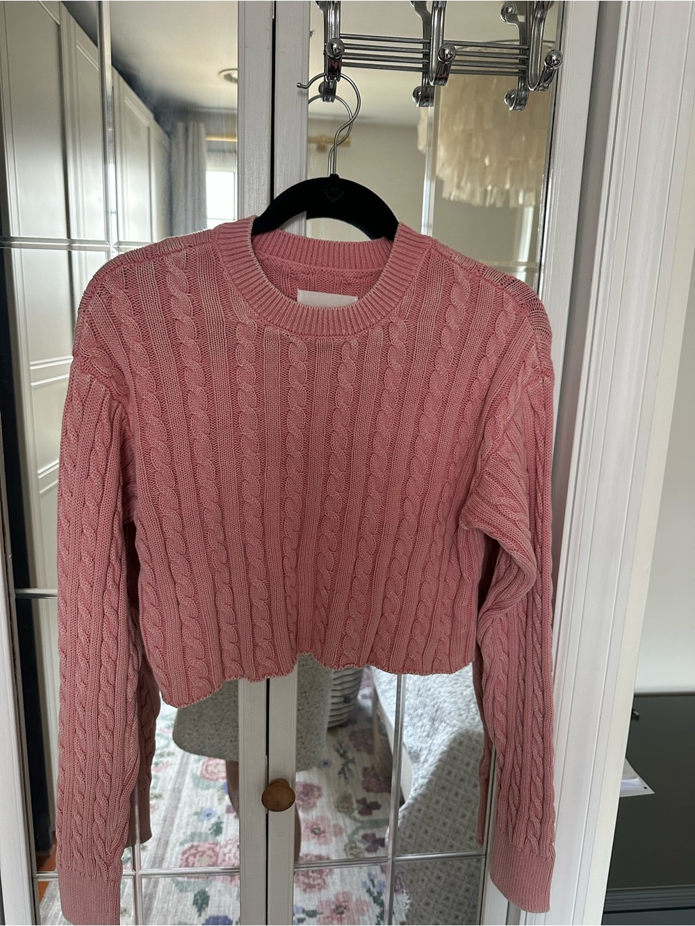 aerie Pink Cable-Knit Cropped Crewneck Sweater